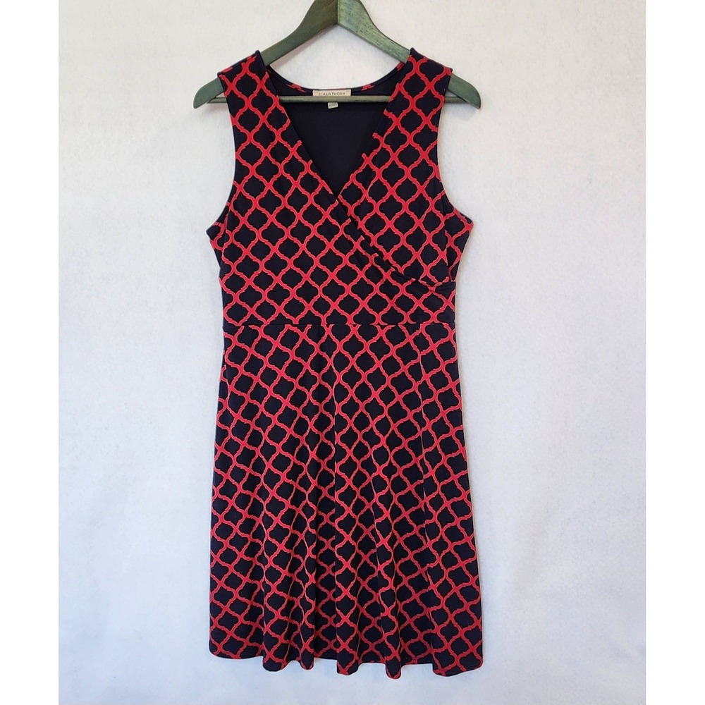 41 Hawthorn Womens Navy Red Quatrefoil Faux Wrap Fit Flare Dress Large SFKOK368
